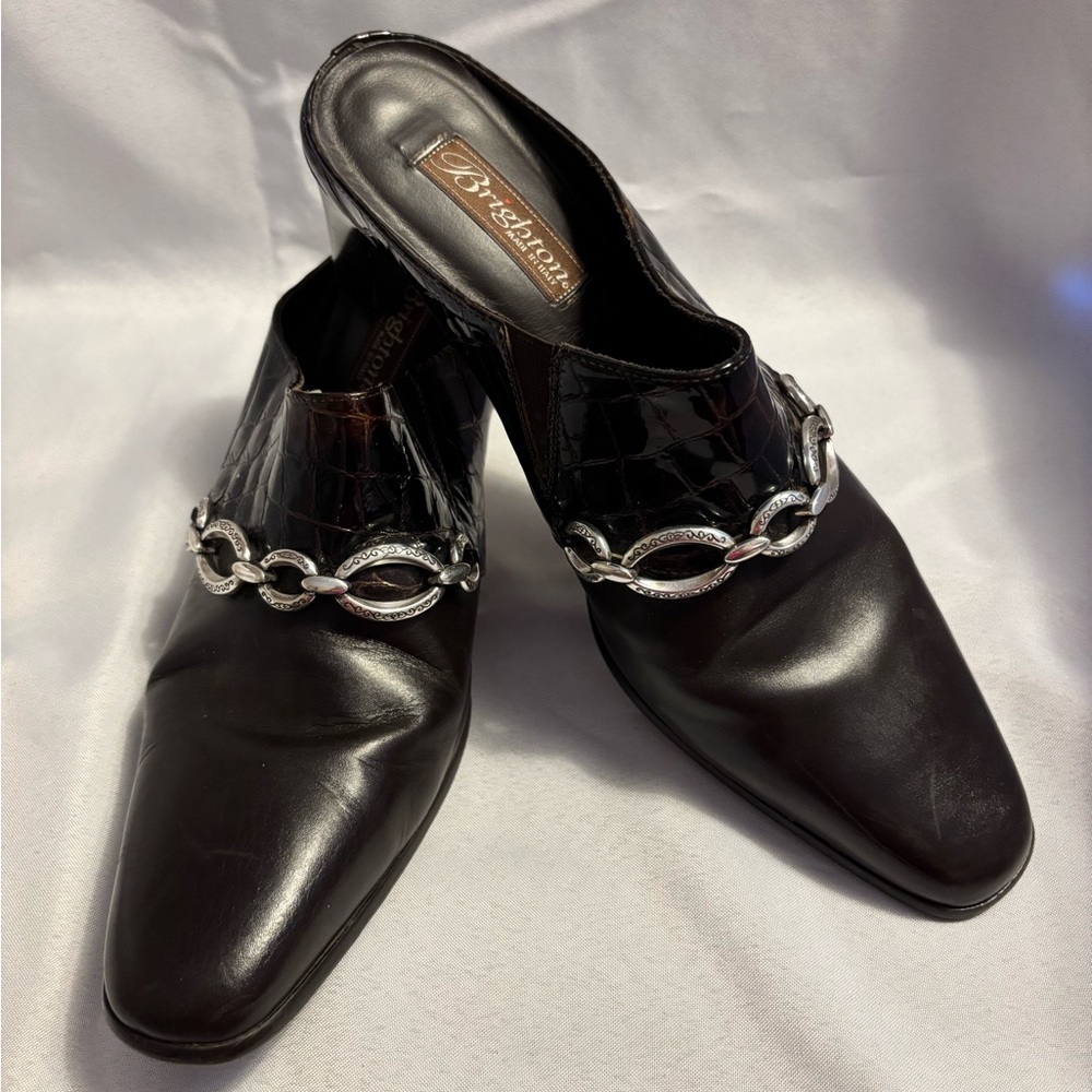 BRIGHTON Twiggy Chocolate Leather Comfort Mules Women’s Size 9.5 N